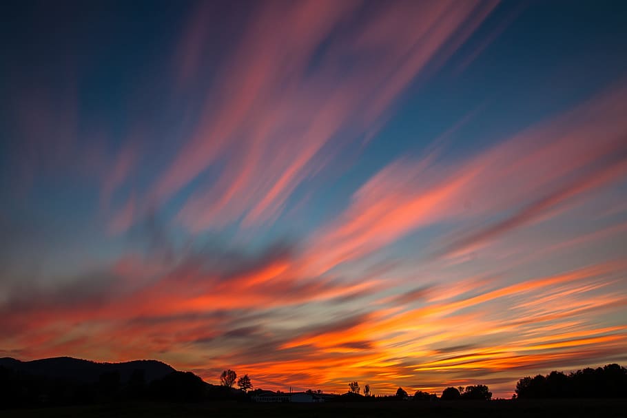 sunset, dark, sky, clouds, mountain, tree, nature, landscape HD wallpaper