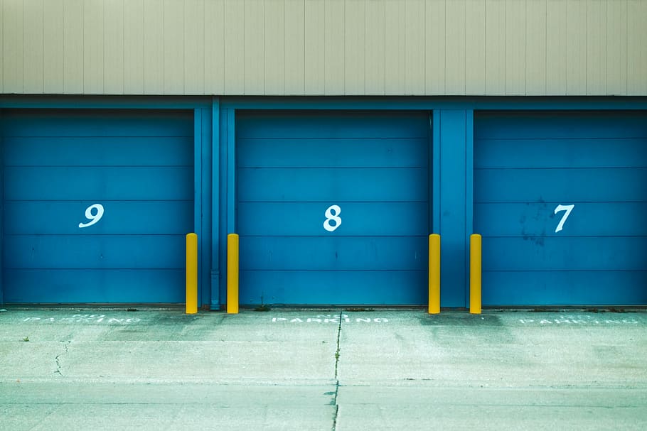 7 8 9 roller shutters, three blue garage doors during daytime, HD wallpaper