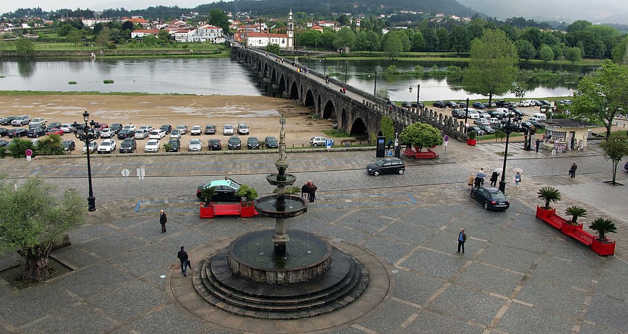 people and cars near fountain, wide, lima, bridge, drawing, png
