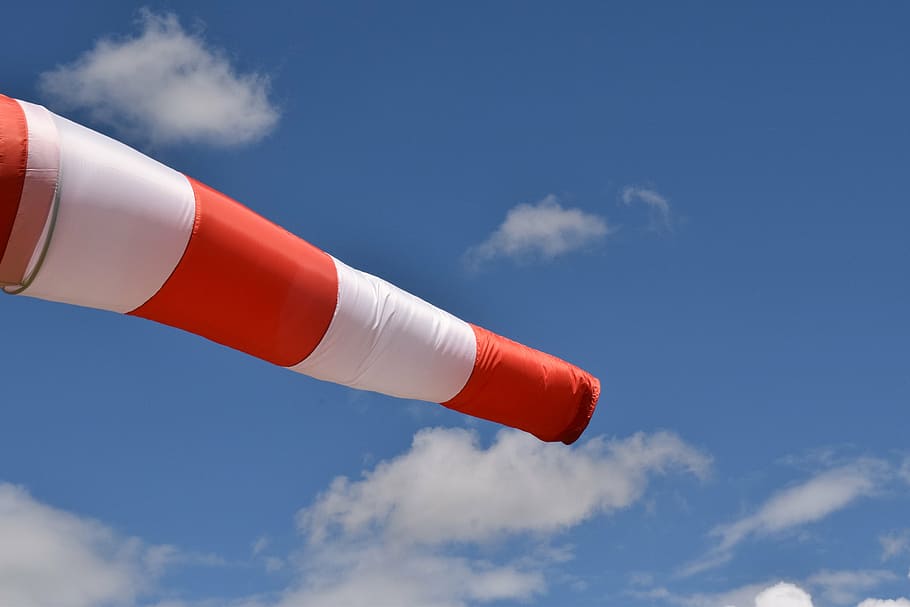 wind, sky, clouds, airport, wind direction, wind sock, red HD wallpaper