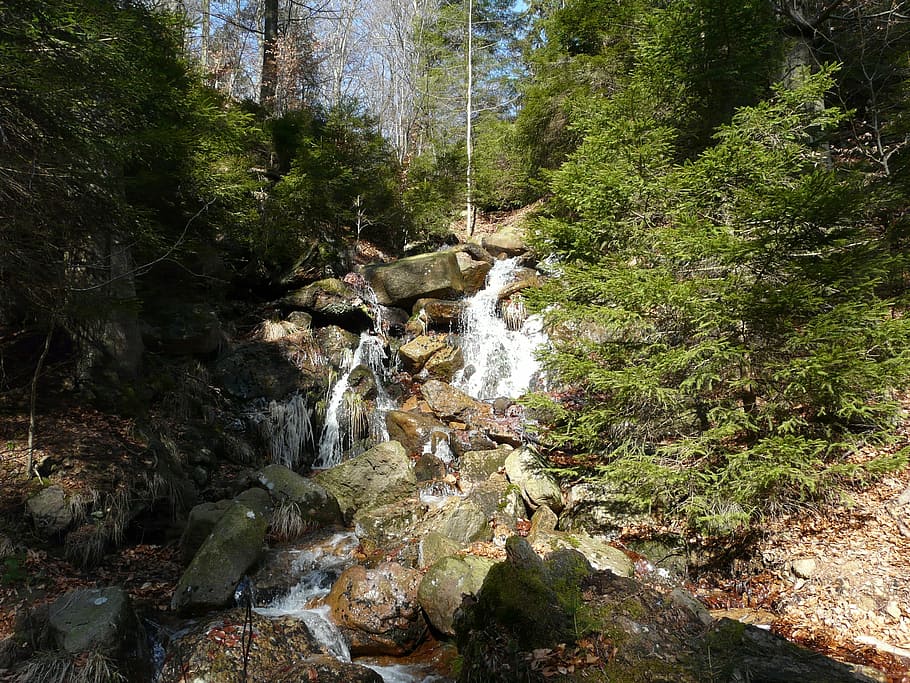Waterfall, Forest, Hiking, mountain, hike, on the go, rock HD wallpaper