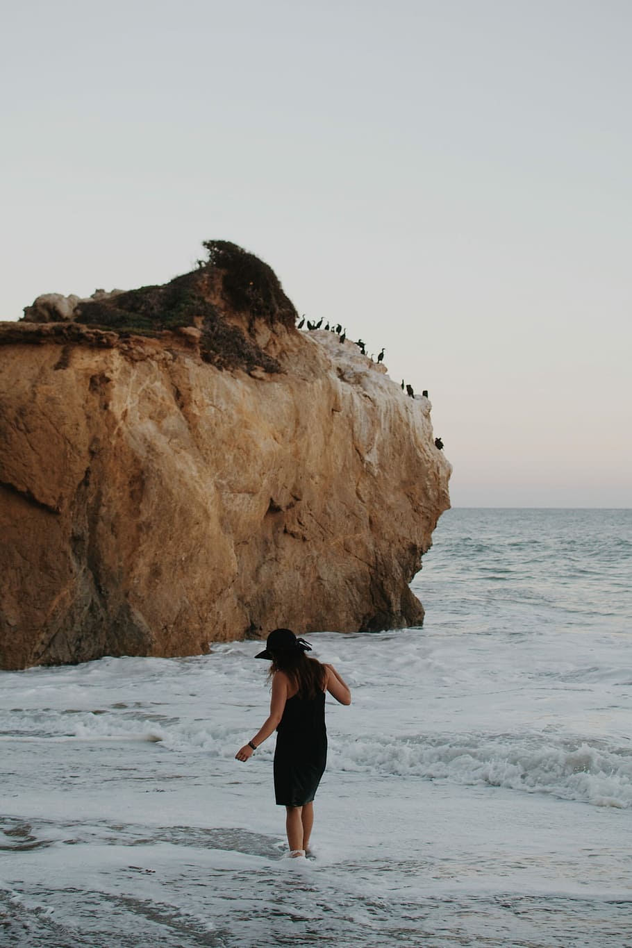 woman in black sleeveless bodycon mini dress and sun hat walking on seashore during daytime HD wallpaper
