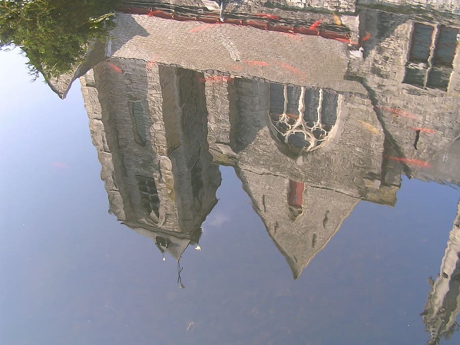 Water, Reflection, Building, Church, brick, pond, belgium, architecture HD wallpaper