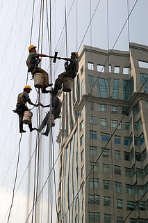 two man cleaning glass building, facade, reflection, architecture HD wallpaper