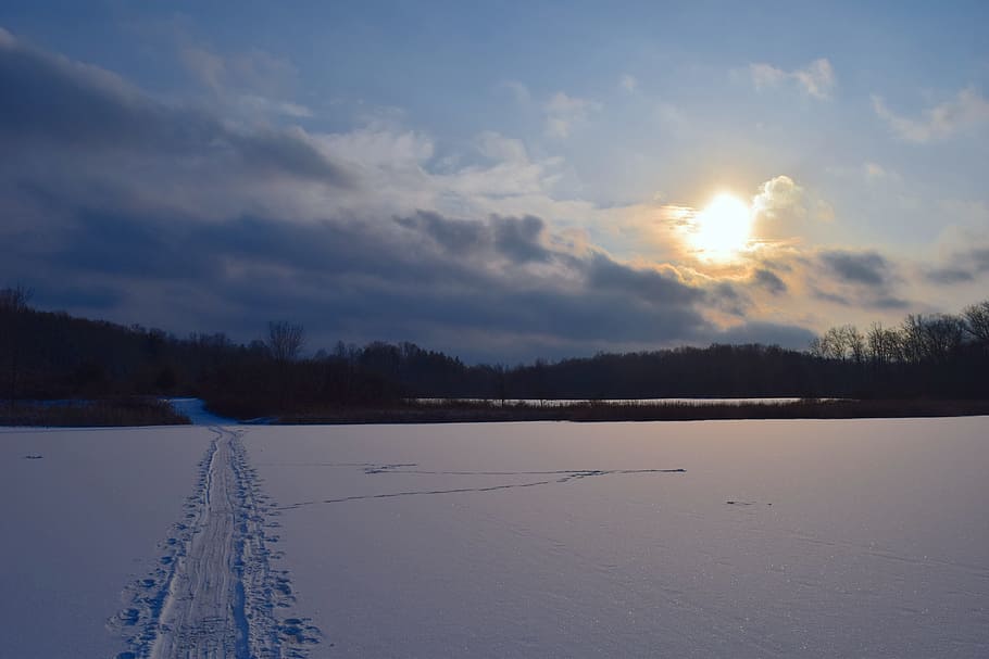 snow, landscape, sun, sunset, dusk, nature, white, sky, clouds HD wallpaper