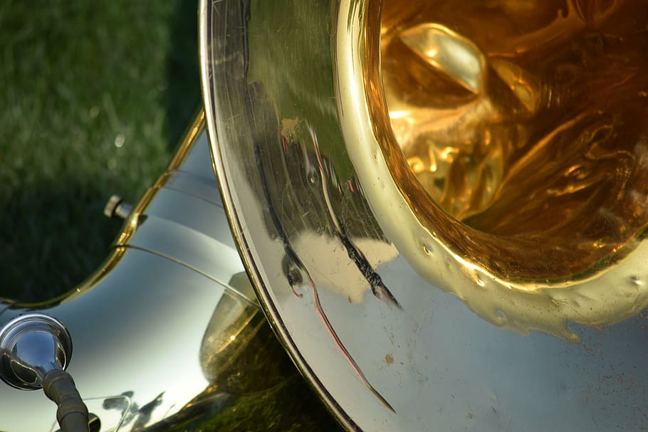 tuba, music, instrument, band, brass, sousaphone, reflection, HD wallpaper