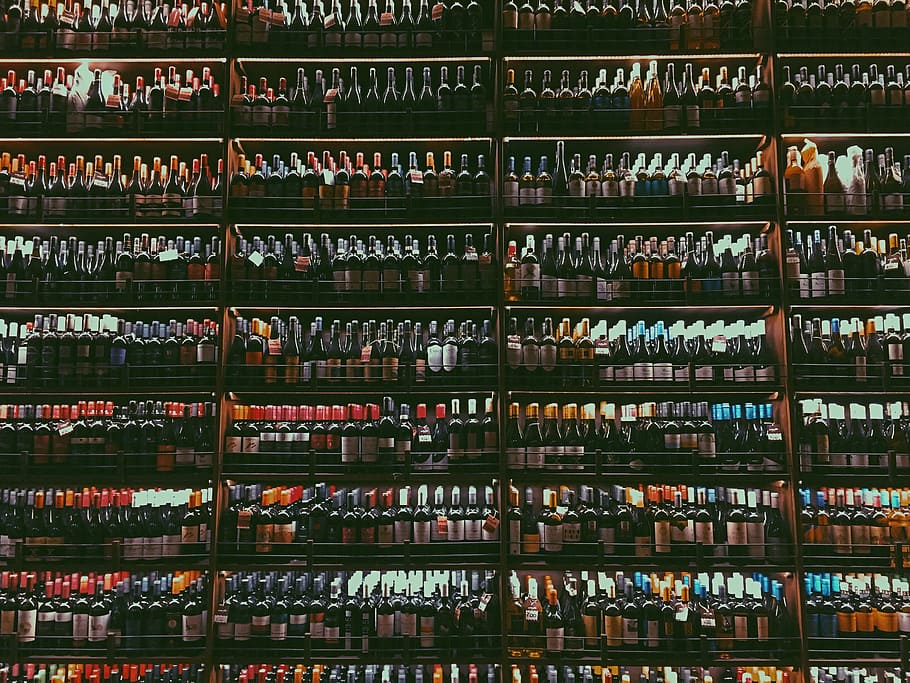 bottle lot, wine bottle on rack, shed, winery, shop, shelf, abundance HD wallpaper