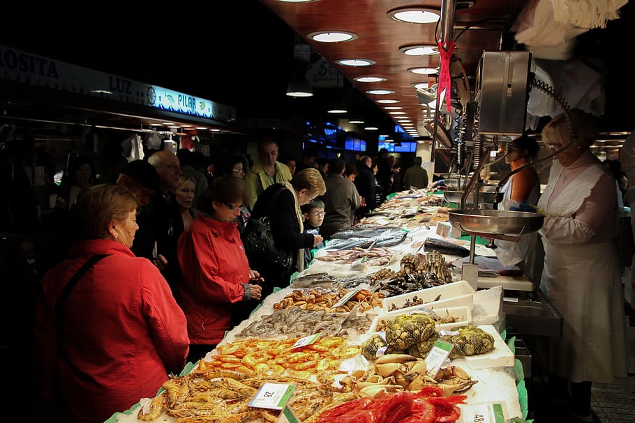 people gathered in market, fish market, seafood, shrimp, called rothmans, HD wallpaper