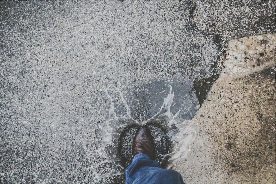 Puddle, Splash, Leather, Shoe, Jeans, wet, rain, water, one person HD wallpaper
