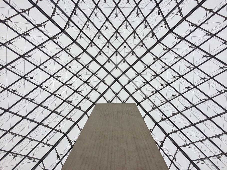 louvre, pyramid, mesh, perspective, losange, sky, frombelow HD wallpaper