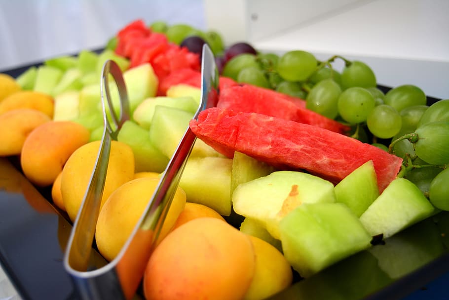 assorted fruits in tray, summer, melon, watermelon, peach, grapes HD wallpaper