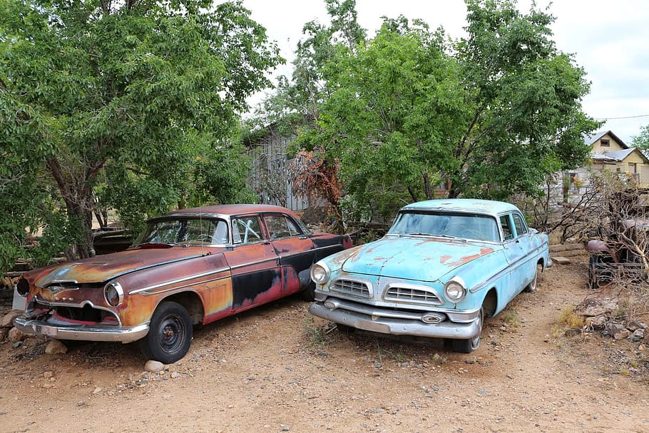 Auto, Old, Scrap, Vehicle, Oldtimer, trees, car, damaged, transportation HD wallpaper