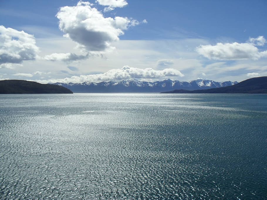 clouds, water, blue sky, light, mar, infinity, patagonia, lake HD wallpaper