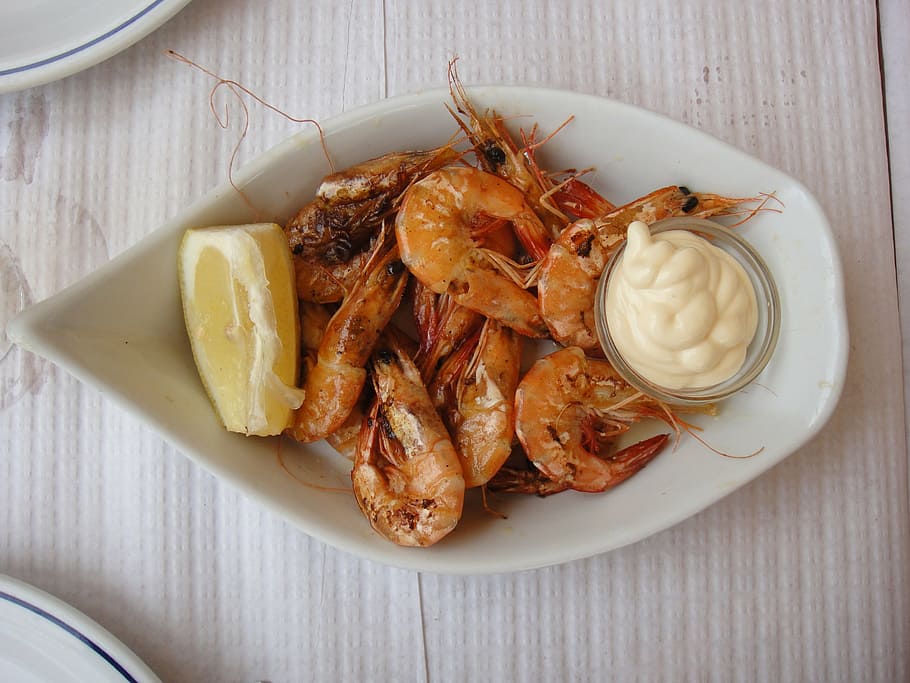 prawns, appetizer, food, seafood, gourmet, meal, dinner, plate HD wallpaper