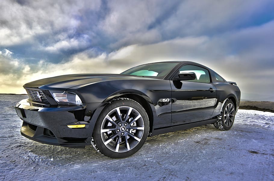 black coupe under white sky, ford, mustang, auto, vehicle, muscle, HD wallpaper