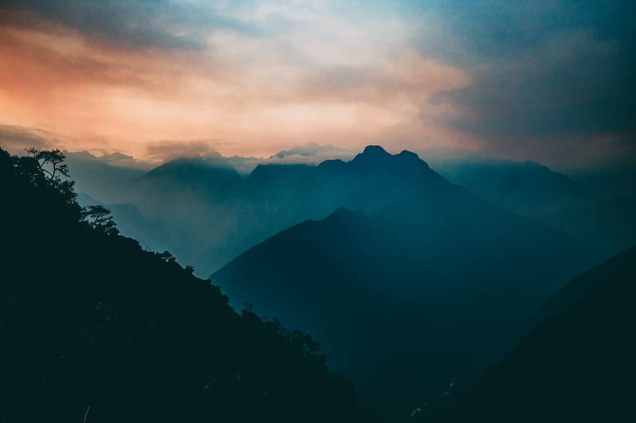 bird's eye view of mountain with fog, mountain covered with trees under white sky during daytime HD wallpaper
