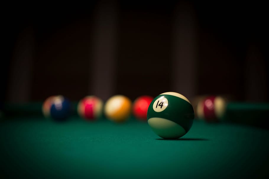 macro shot photography of #14 billi ard ball, cue, pool Game, HD wallpaper