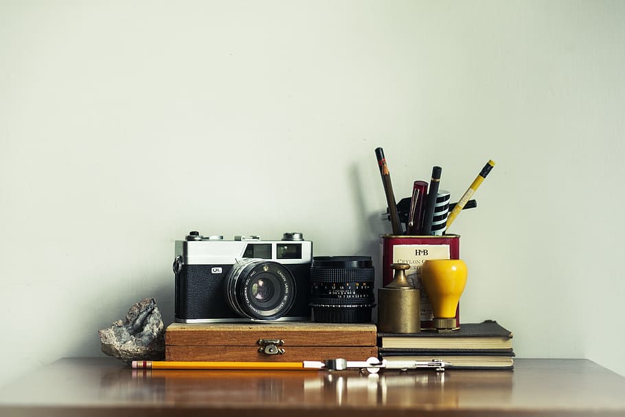 camera, pencils, pens, stationary, objects, notebook, indoors HD wallpaper