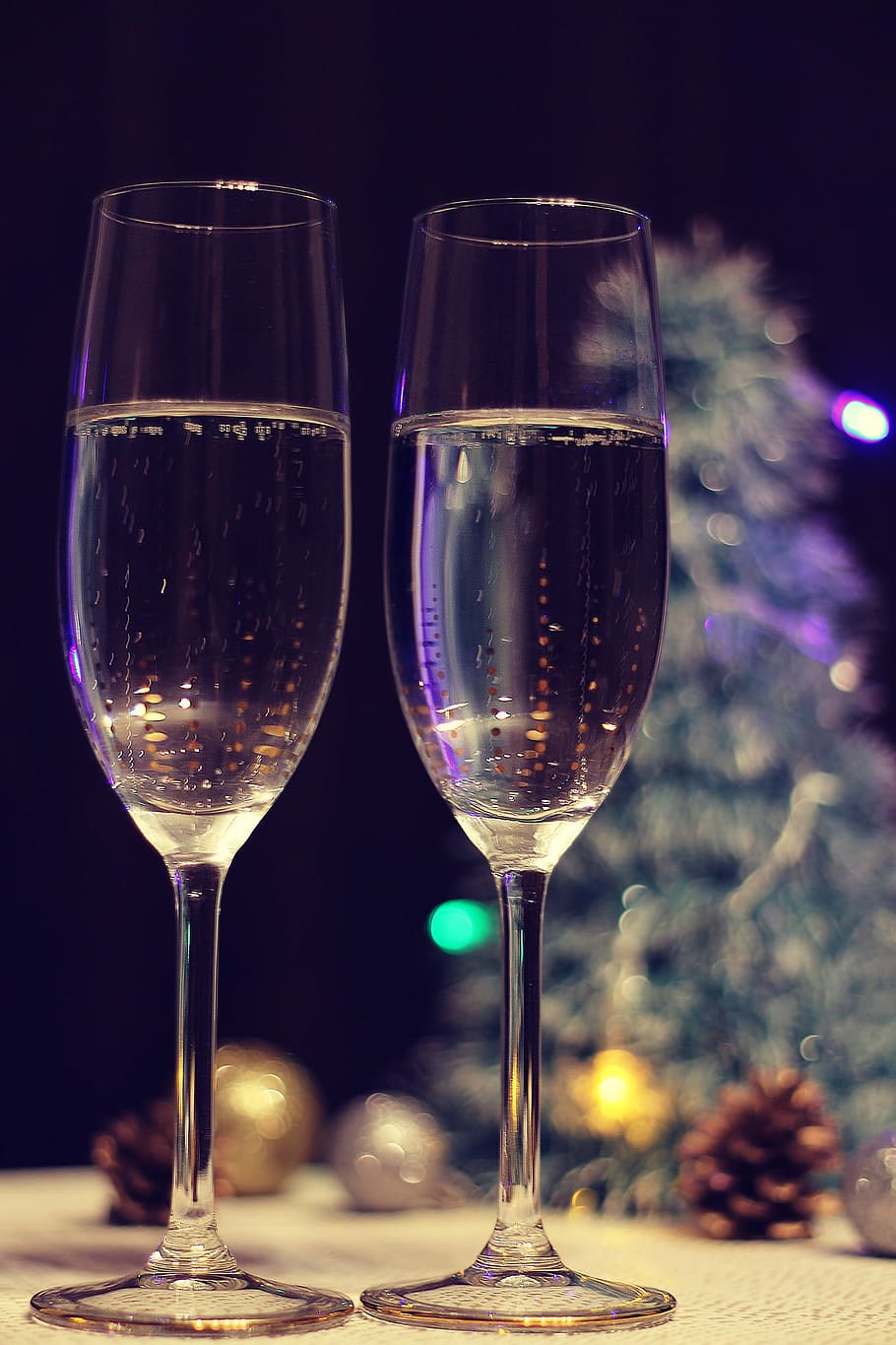 two champagne flutes half filled, celebration, wine, christmas HD wallpaper