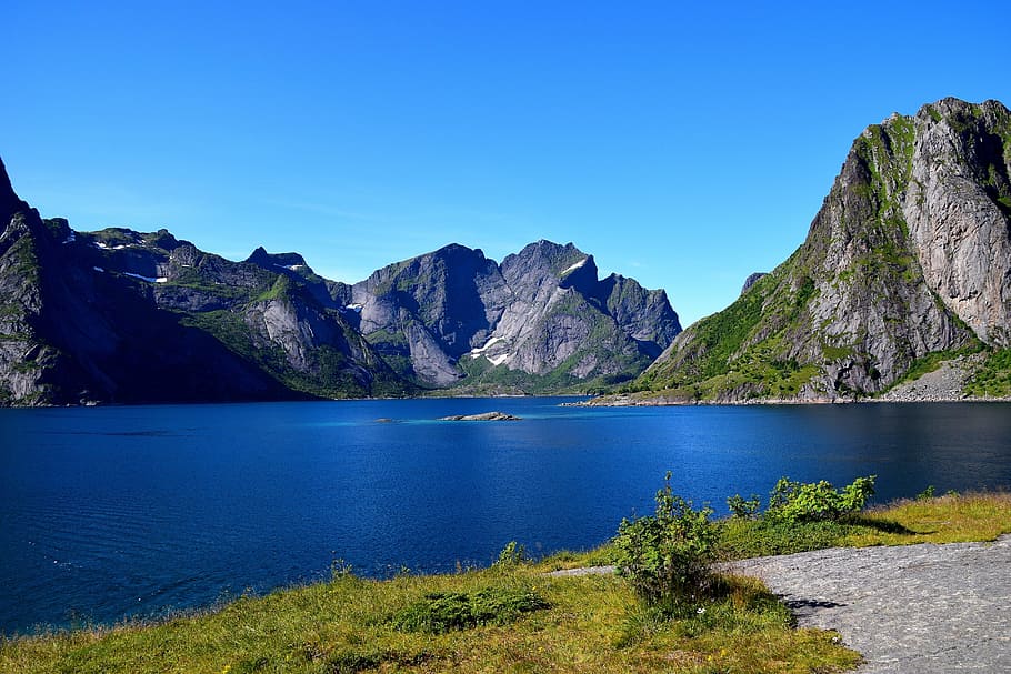 mountains, hill, lofoten, norway, scandinavia, svolvær, sea, HD wallpaper