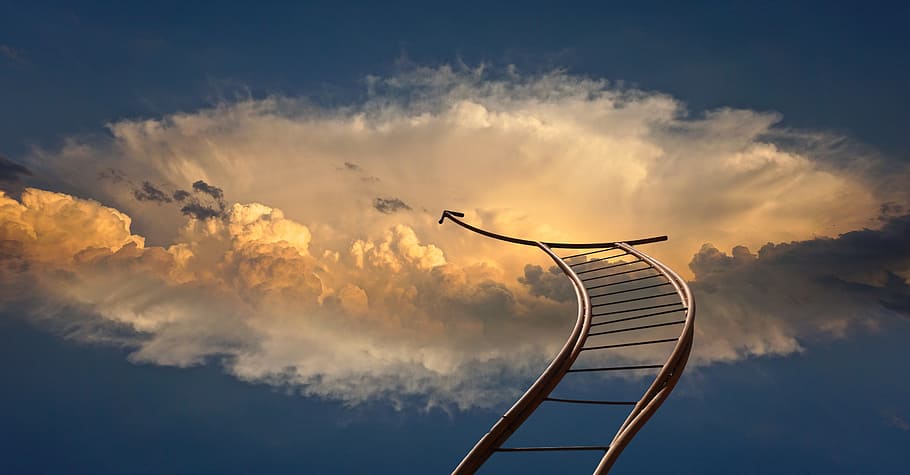 ladder in the sky, head, beyond, clouds, jacob's ladder, god, HD wallpaper