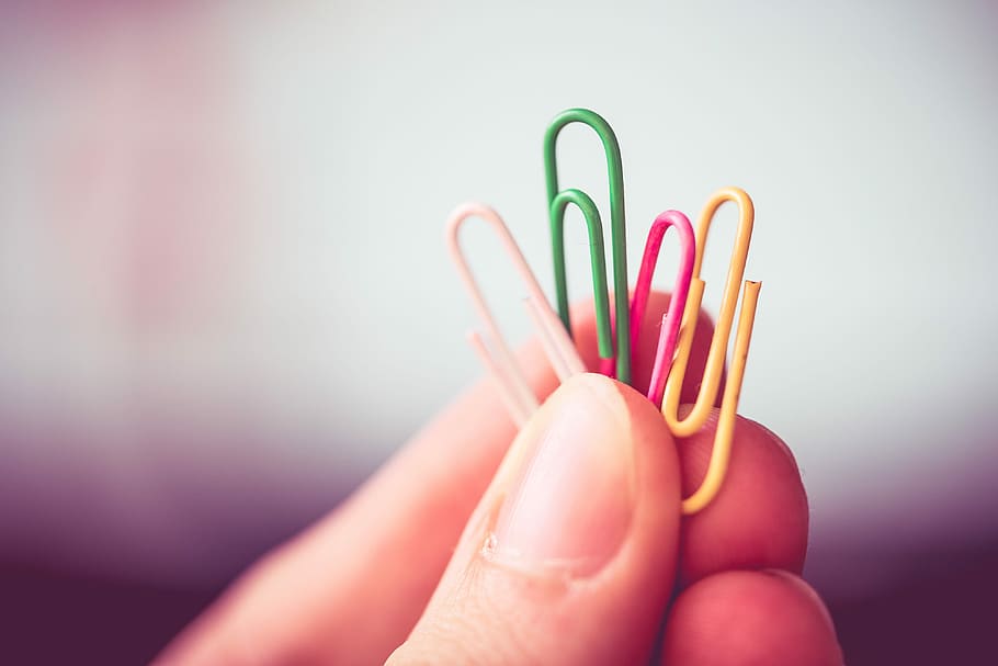 Man Holding Colorful Paper Clips, close up, hands, office, office supplies HD wallpaper