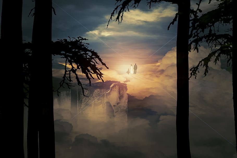 silhouette photo of two person walking on clouds during golden hour HD wallpaper