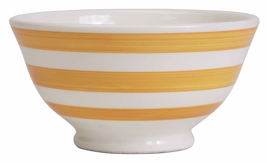 round white and brown stripe bowl with white background, ceramic