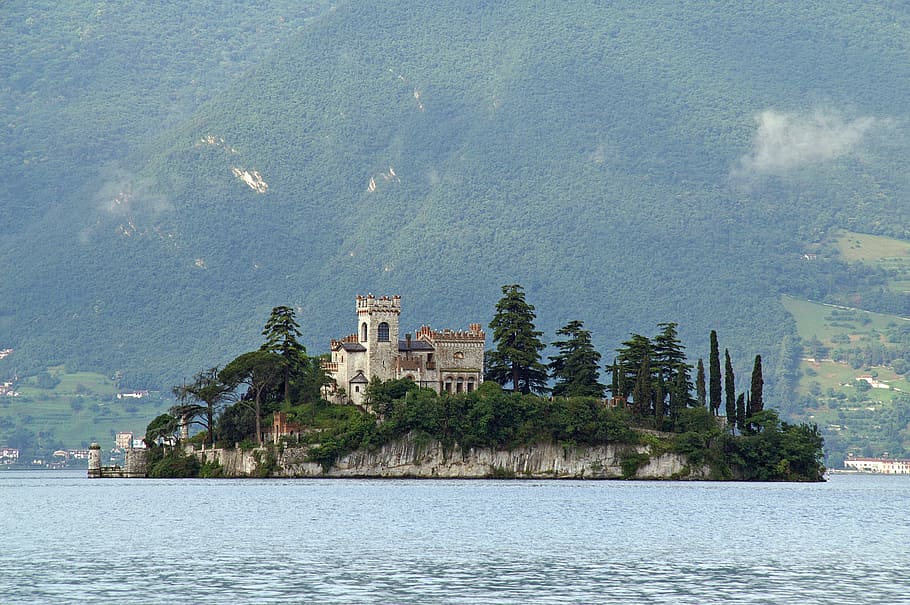 island, in the middle, iseo, water, tree, architecture, built structure, HD wallpaper