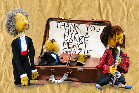 two men dolls on beige surface, puppet, star, figure, puppet theatre HD wallpaper