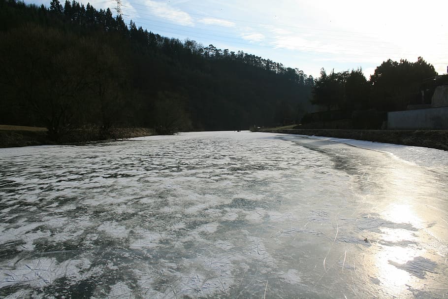 ice, winter, river, frozen, skate, cold, lahn, geilnau, sunshine HD wallpaper