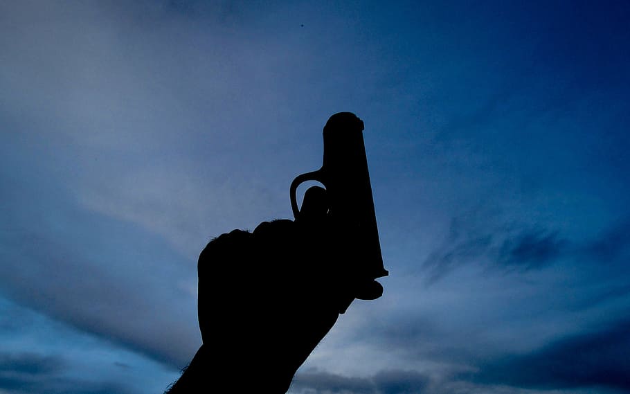 weapon, shooting, shadow, violence, sunset, backlight, password HD wallpaper