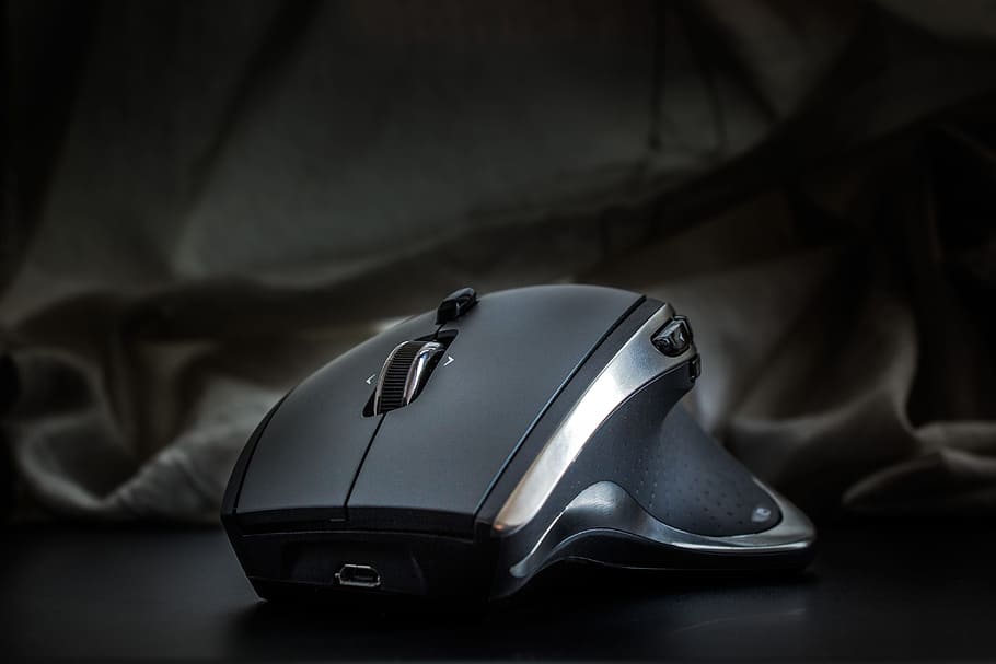 close-up photography of black and grey track ball mouse, computer
