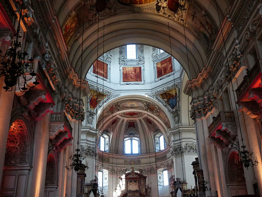 dome building interior with chandeliers turned off, salzburg cathedral, HD wallpaper