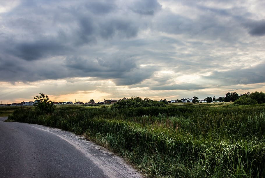 clouds, field, grass, outdoors, road, sky, travel, nature, rural Scene HD wallpaper