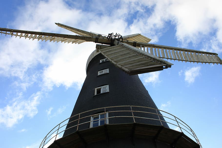 windmill, sail, old, historical, blue, sky, grind, vane, craftsmanship HD wallpaper