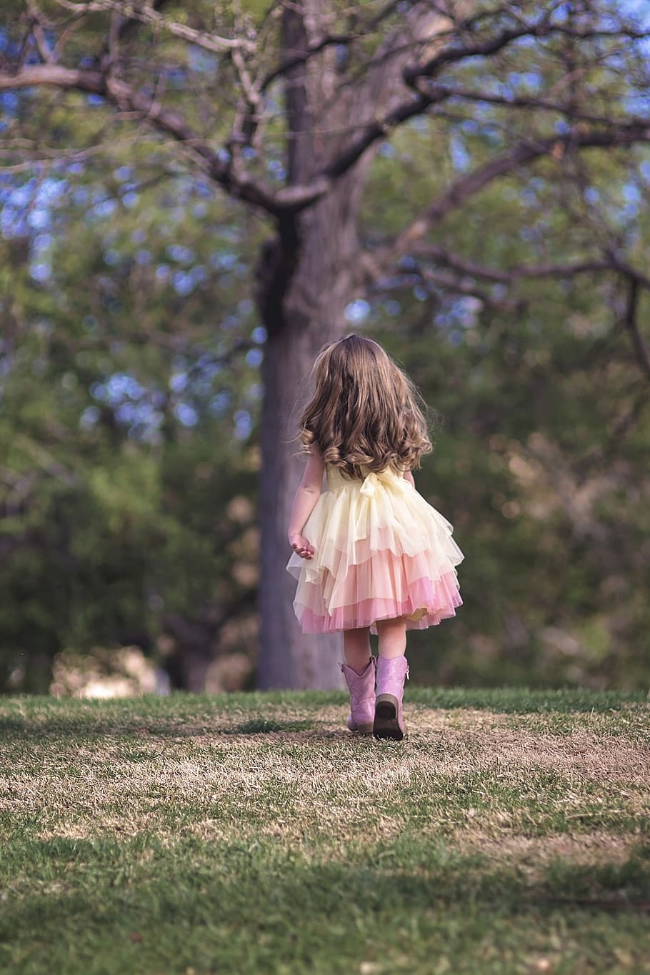 girl walking under tree, nature, outdoors, grass, childhood HD wallpaper