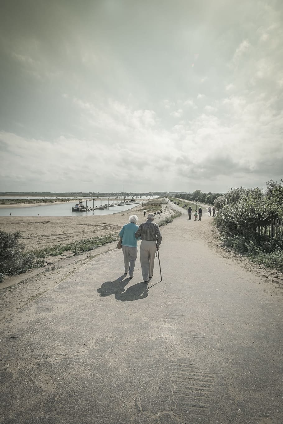 selective color of two person walking on road, old, couple, elderly