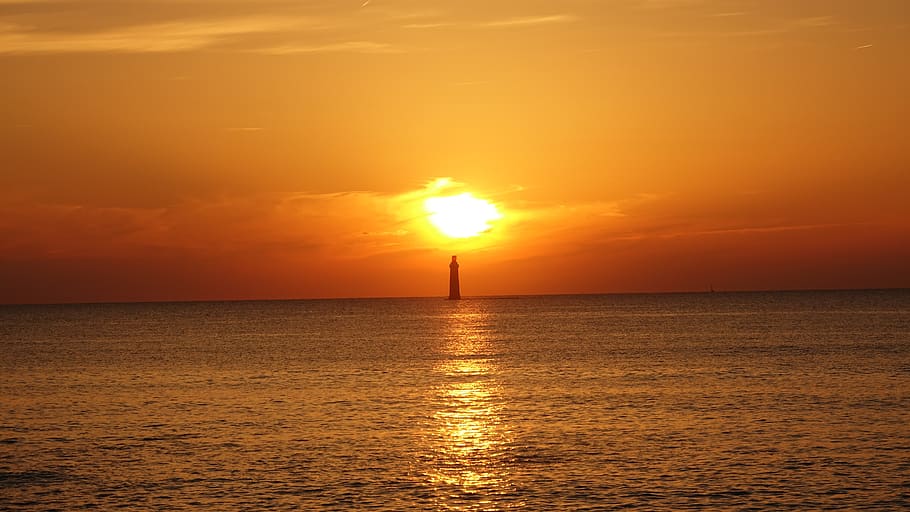 sunset, lighthouse, atlantic ocean, water, sky, sea, horizon HD wallpaper