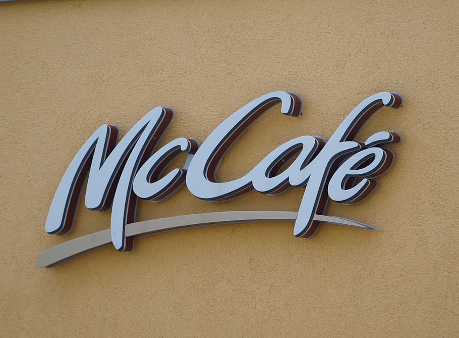 close-up photo of McCafe logo signage, mcdonalds, advertisement, HD wallpaper