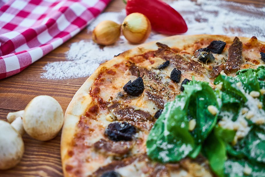 pizza, meat, dough, greens, olives, sausage, salam, ham, slice, HD wallpaper