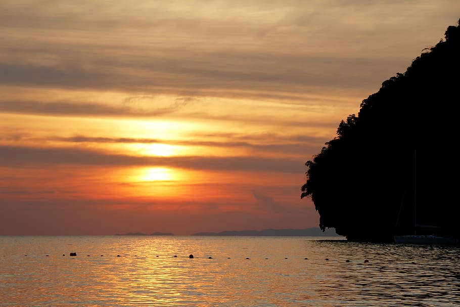 island, rock, sunset, shadow, sea, ocean, thailand, boot, coast HD wallpaper