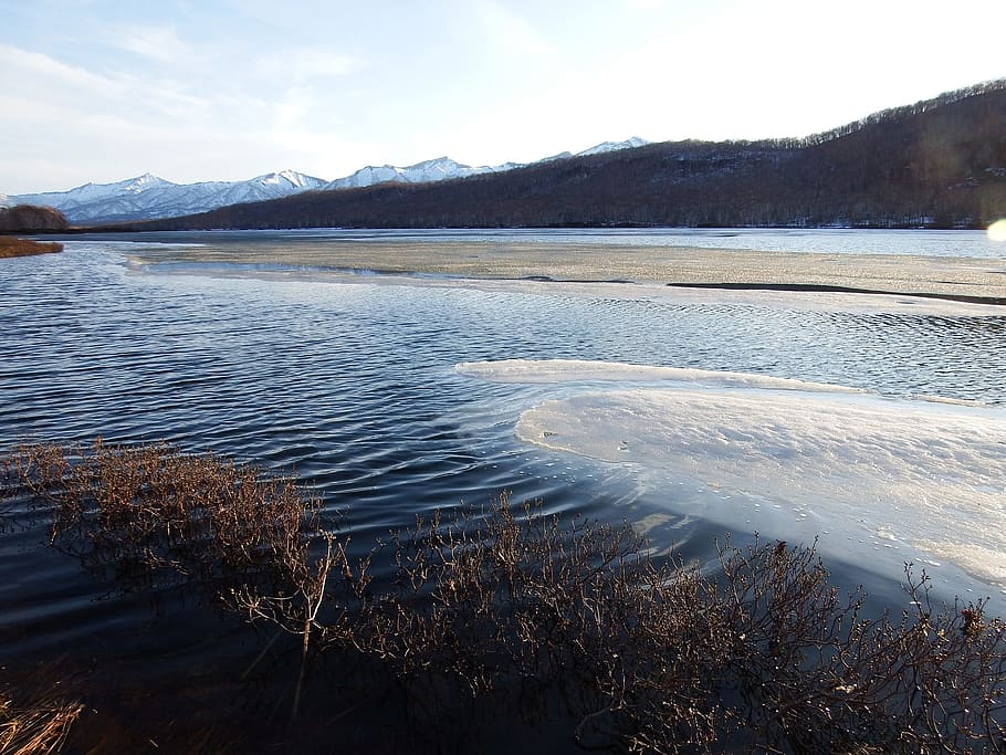 spring, lake, ice, mountains, sky, clouds, nature, trees, landscape HD wallpaper