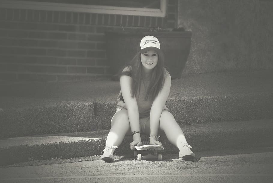 woman holding skateboard, girl, young, lifestyle, female, leisure