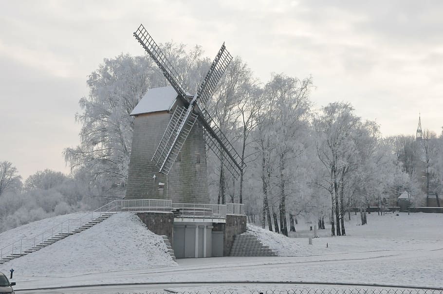 podlasie, winter, windmill, biel, frost, cold temperature, snow HD wallpaper
