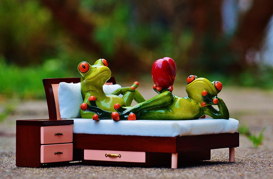 selective focus photo of two green frog ceramic figurines on brown wooden bed near nightstand miniatures