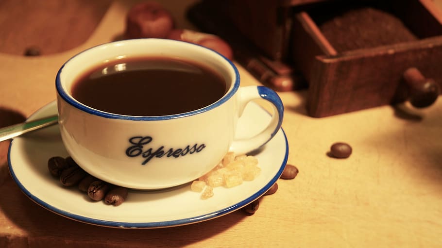 white and blue ceramic mug on saucer, coffee, espresso, cup, coffee beans