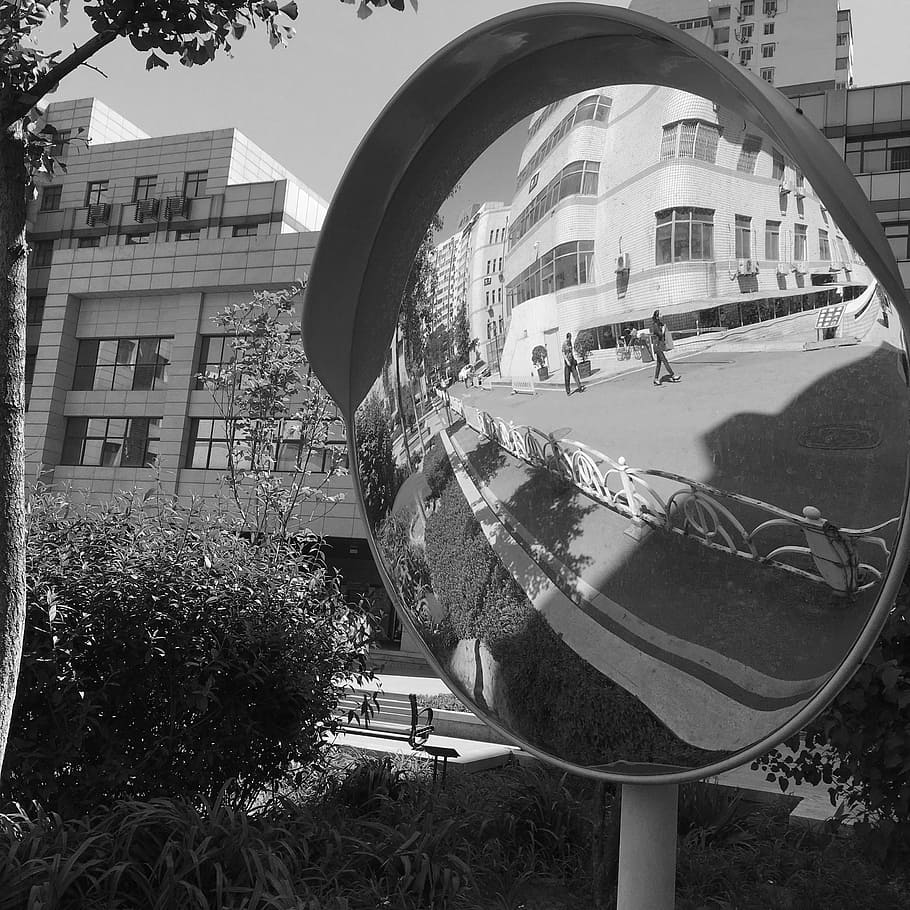 spherical mirror, building, street, reflection, traffic, built structure HD wallpaper