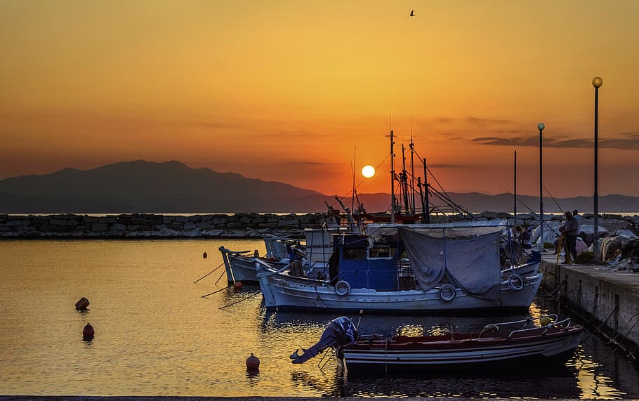 HD wallpaper: boats on body of water, greece, thassos, sunset, sea