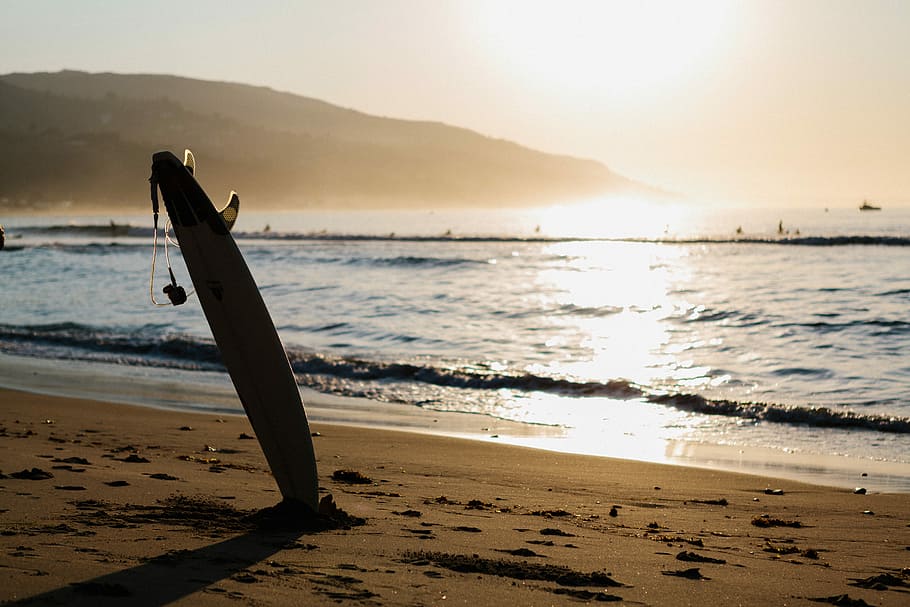 Dawn Patrol, rule of thirds photography of surfboard, sand, sea HD wallpaper